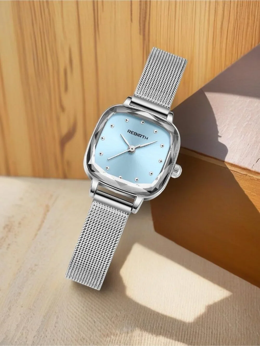 Women's Silver Blue Square Minimalist Dial Mesh Band Crystal Case Wrist Watch